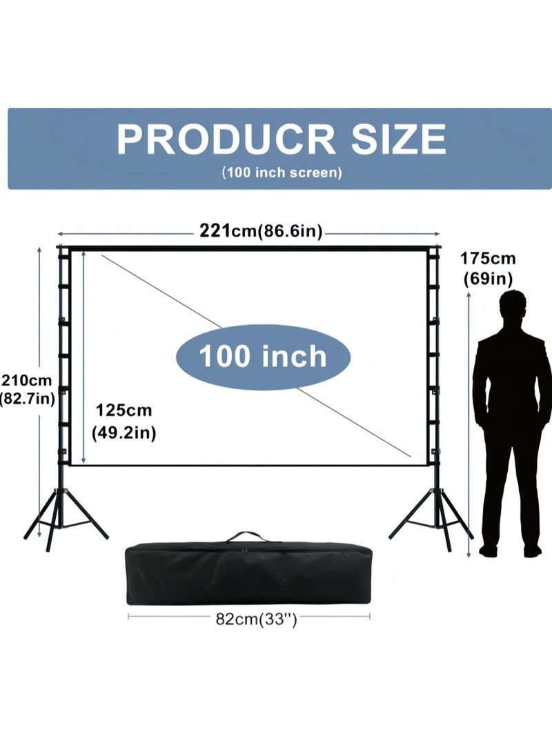 شاشة عرض بروجكتور مع حامل، شاشة عرض محمولة مقاس 100 بوصة للاستخدام الداخلي والخارجي، شاشة عرض أفلام بدقة 4K عالية الوضوح بنسبة عرض إلى ارتفاع 16:9 مع حقيبة حمل، استمتع بتجربة سينمائية منزلية مميزة. - Image 2